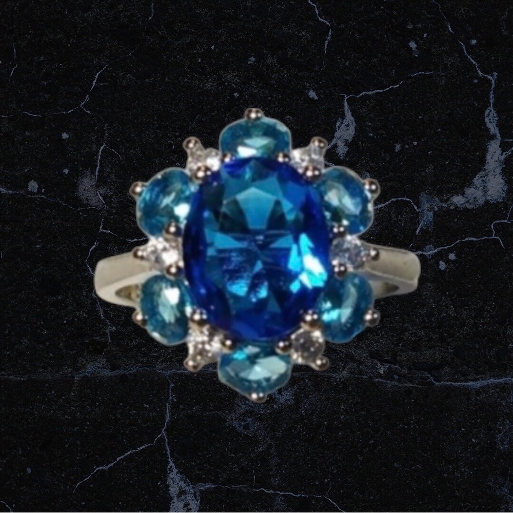 Simulated Blue Topaz n White CZ Silver Ring Sz 7.75